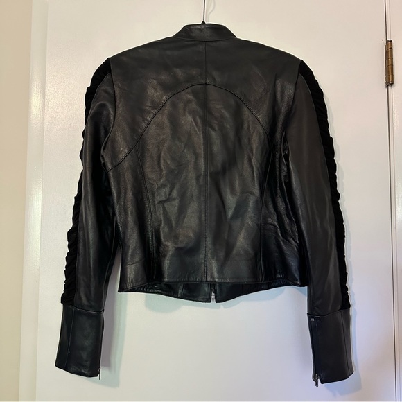 Cache Goat Suede Leather Ruched Sleeve Zip Jacket - Picture 3 of 6